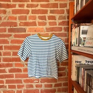 Beaumont OrganicsStriped Blue & White Tee with Olive Neckline